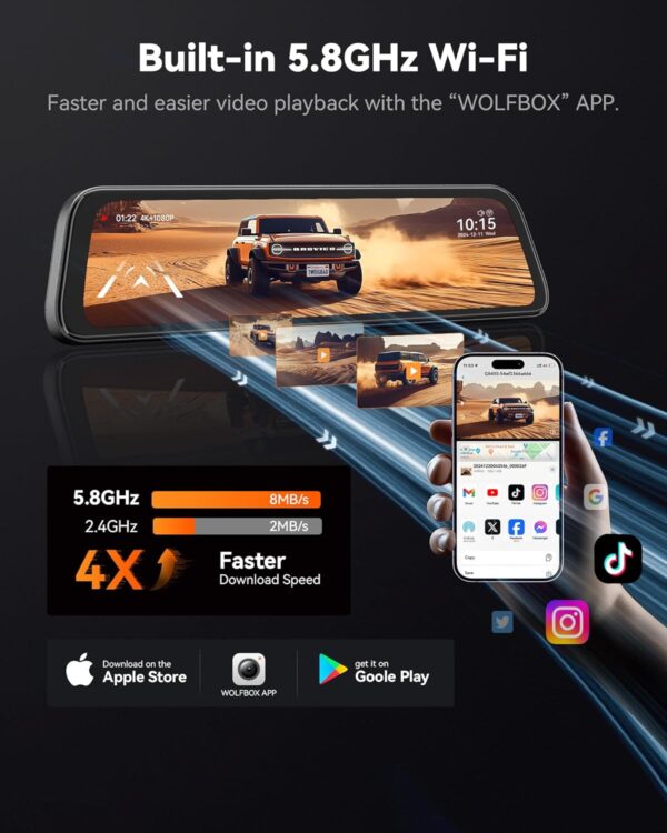 WOLFBOX G840S 12" 4K Mirror Dash Cam Backup Camera, 5.8GHz WiFi Smart Rearview Mirror for Cars & Trucks, Front and Rear View Dual Cameras, Night Vision, Parking Assistance, Included 32GB Card & GPS - Image 4