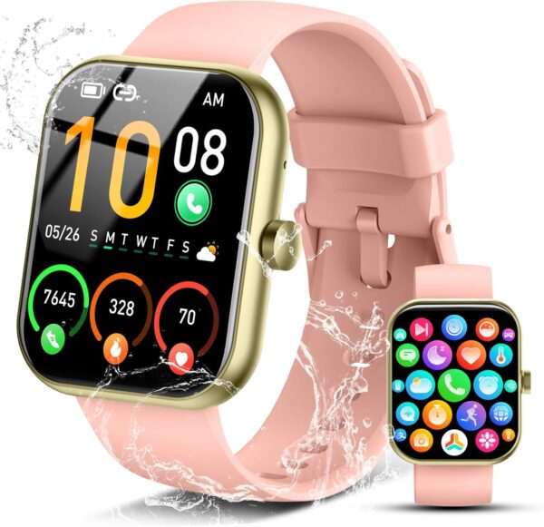 2025 Smart Watch for Men Women, 1.96" HD Fitness Tracker Running Watch (Answer/Make Call), IP68 Waterproof,Pedometer, Step/Sleep/Heart Rate Monitor,110+ Sport Mode Smartwatch for iOS Android,Pink