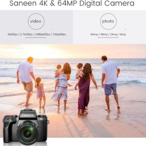 Saneen Digital Camera, 4k Cameras for Photography & Video, 64MP WiFi Touch Screen Vlogging Camera for YouTube with Flash, 32GB Card, Lens Hood, 3000mAH Battery, Front and Rear Cameras – Black