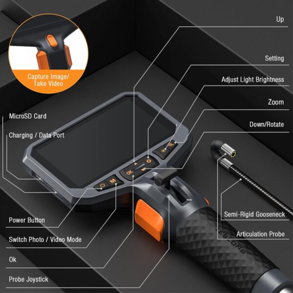 Teslong Two-Way Articulating Borescope with Light, Industrial Endoscope Inspection Camera with Articulated Probe, Flexible Mechanic Fiber Optic Snake Scope Cam for Wall Automotive Engine Inspect-5FT - Image 8