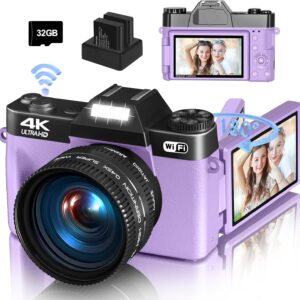 4K Digital Camera for Photography & Vlogging, 56MP YouTube Camera with WiFi, 3″ 180° Flip Screen, 16X Digital Zoom, 52mm Wide Angle & Macro Lens, 32GB TF Card, 2 Batteries – Purple