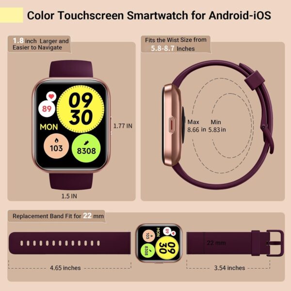 Smartwatch for Women, Compatible with Android & iPhone, 1.8'' Fitness Tracker Watch with Alexa, Call & Notification Alerts, Heart Rate & Sleep Monitor, 120 Sports Modes, Waterproof Watch for Women - Image 8