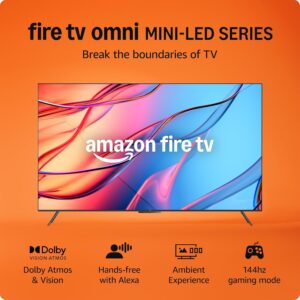 Amazon Fire TV 65″ Omni Mini-LED Series, QLED 4K UHD smart TV, Dolby Vision IQ, 144hz gaming mode, Ambient Experience, hands-free with Alexa, 2024 release