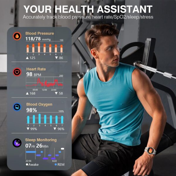 2025 DA GPT Smart Watch with Bluetooth Call,1.19-inch AMOLED Display, 24/7 Heart Rate, Blood Oxygen, Blood Pressure, Sleep Monitor, 107 Sports Fitness Tracker, Compatible Android and iOS Silver Gold - Image 4