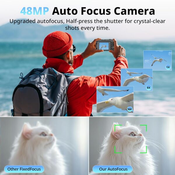 4K Digital Camera for Photography and Video, Autofocus 48MP Vlogging Camera for YouTube with 3'' 180°Flip Screen 16X Zoom Compact Travel Cameras with SD Card, 2 Batteries, Anti-Shake, Flash (Black) - Image 3