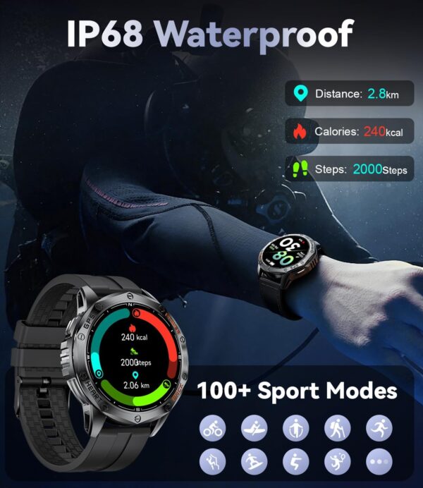LIGE GPS Military Smart Watch for Men, LED Flashlight/Compass/45 Days Battery/IP68 Waterproof 1.43'' AMOLED Smartwatch, 100+ Sports Modes Fitness Tracker Watch, Rugged Smart Watches for Android iOS - Image 6