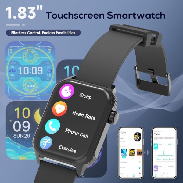 Smart Watches for Women Men, 1.83" HD Smartwatch with 120 Sports Modes, IP67 Waterproof, Bluetooth Call and Music Control；Heart Rate and Sleep Monitor (Black) - Image 3