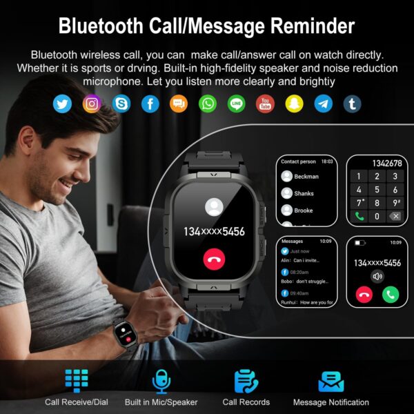 Smart Watch for Men Fitness Tracker: Make/Answer Call Military Smart Watches for Men Digital Mens Watches Running Waterproof Smartwatch Android Phones iPhone Samsung Compatible Heart Rate Monitor - Image 2