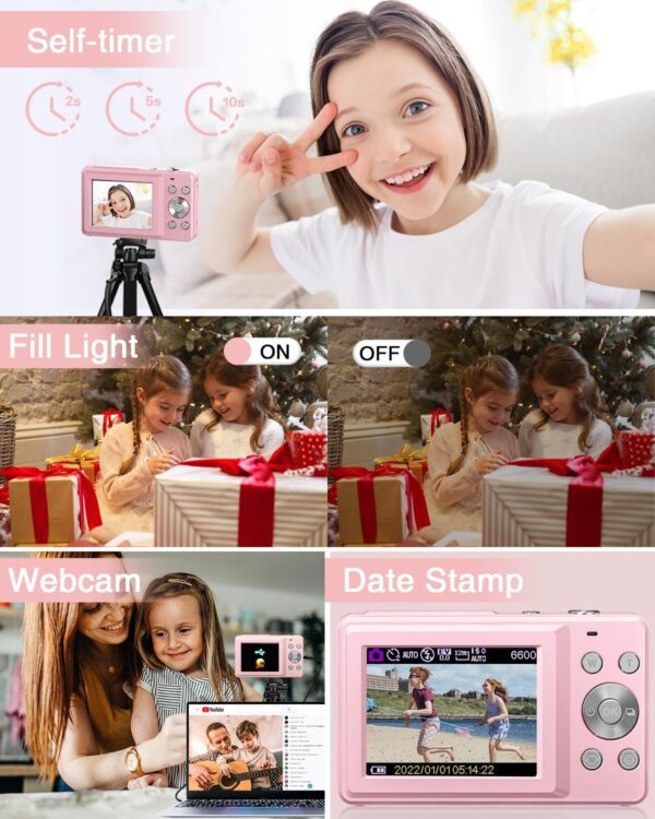 Digital Camera, FHD 1080P Point and Shoot Kids Camera, with 32GB Card, 2 Batteries, 16X Zoom Anti Shake Date Stamp, Compact Portable Small, for Starter Kid Children Teen Student Girl Boy(Pink) - Image 6
