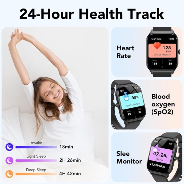 CASCHO Smart Watch for Men Women, 1.85" HD Fitness Tracker with Bluetooth Calls/Messages, IP68 Waterproof, 115+Sports Modes, 24/7 Heart Rate/Sleep Fitness Watch Compatible with iOS/Android (Black) - Image 5