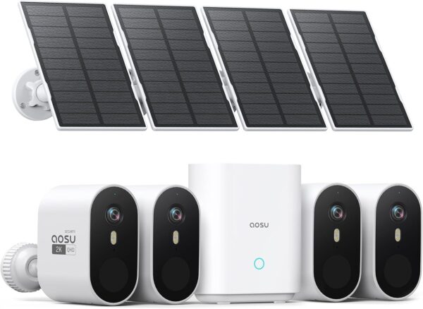 AOSU Solar Security Cameras Wireless Outdoor, 2K QHD Home Security System, 4-Cam Kit with 166° Ultra-Wide View, Cam-to-Cam Sync, 32GB Homebase Local Storage, Color Night Vision, No Monthly Fee
