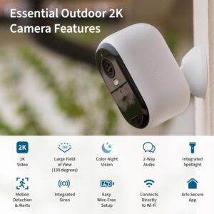 Arlo Essential Security Camera 2K |Outdoor – Indoor | 2nd Gen | Wireless with Spotlight, 2-Way Audio, Color Night Vision, Live Stream, Motion Activation, Real Time Notifications, Wide Angle – White