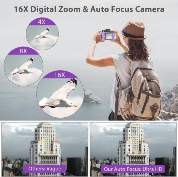 4K Digital Camera for Photography & Vlogging, 56MP YouTube Camera with WiFi, 3" 180° Flip Screen, 16X Digital Zoom, 52mm Wide Angle & Macro Lens, 32GB TF Card, 2 Batteries – Purple - Image 4