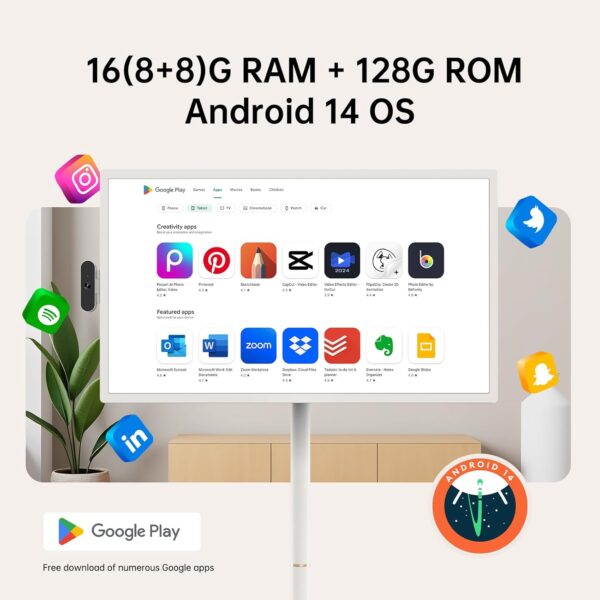 ApoloSign 32 inch FHD Smart Portable TV Gen2, 16G +128G Storage, Android 14 OS, Rolling TV on Wheels with Rotatable Touch Screen, Built-in Battery, Full Swivel Rotation, Voice Remote - Image 3