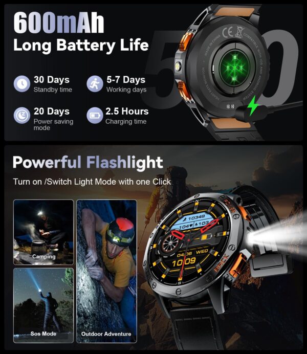 LIGE GPS Military Smart Watch for Men, LED Flashlight/Compass/45 Days Battery/IP68 Waterproof 1.43'' AMOLED Smartwatch, 100+ Sports Modes Fitness Tracker Watch, Rugged Smart Watches for Android iOS - Image 4