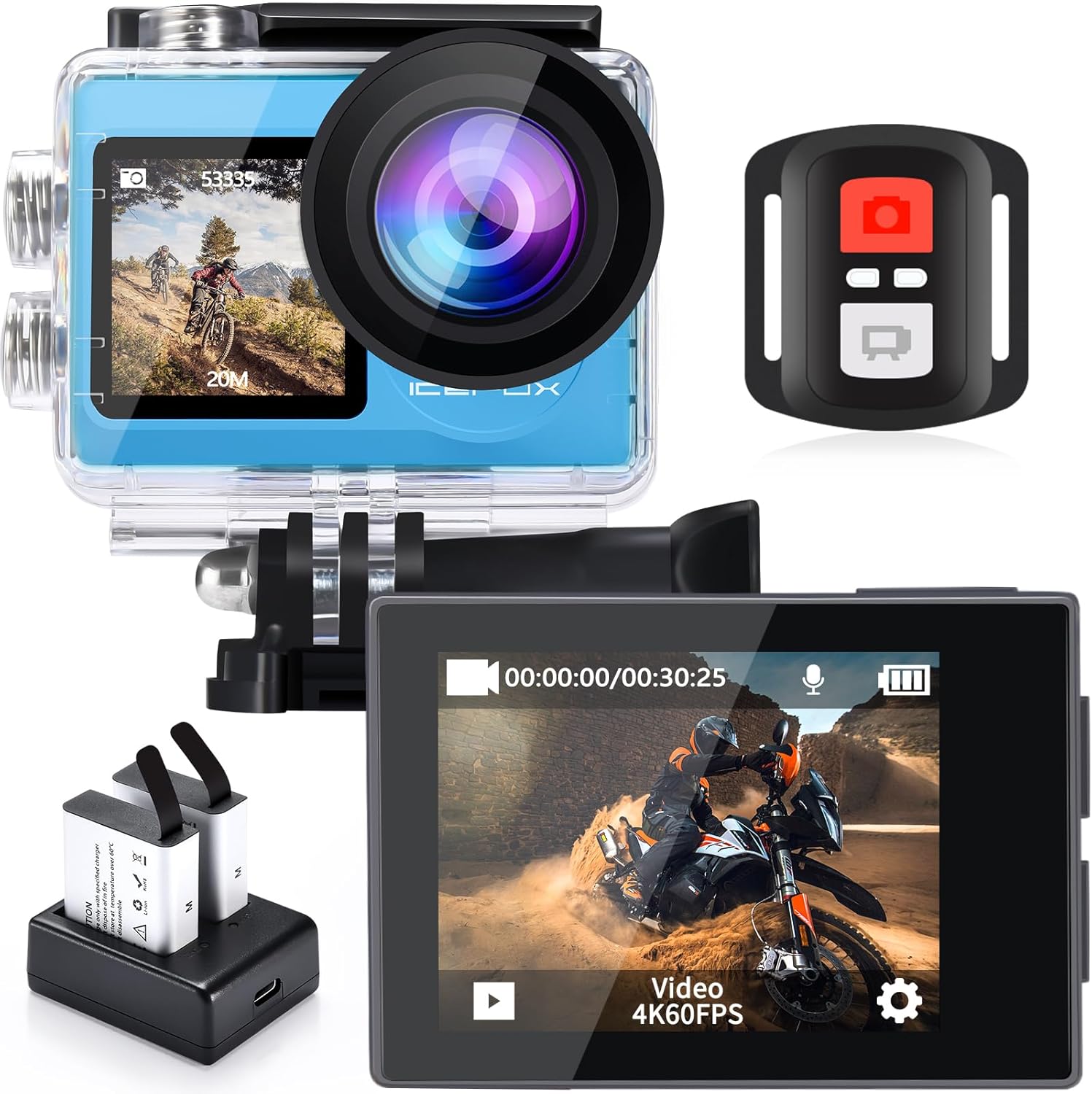 icefox i8 Action Camera with 4K 60FPS 20MP, 5X Zoom, Underwater Waterproof Camera with Optimized EIS, Video & Photo Editing by Snap Pro App, WiFi Remote Control for Diving, Cycling and Vlogging