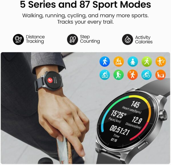 TOZO AMOLED S5 Smart Watch (Answer/Make Calls), 1.43" HD Screen for Men Women 100+ Sport Modes Fitness Watchs with Sleep Monitor, IP68 Waterproof, Silicone Strap Black - Image 3