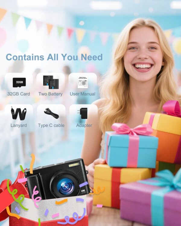 4K Digital Camera for Photography, Autofocus 48MP Vlogging Camera with Flash, 3" 180° Flip Screen, 16X Zoom, 32GB Card and Battery Charger, Point and Shoot YouTube Camera for Teens, Adults, Beginners - Image 8