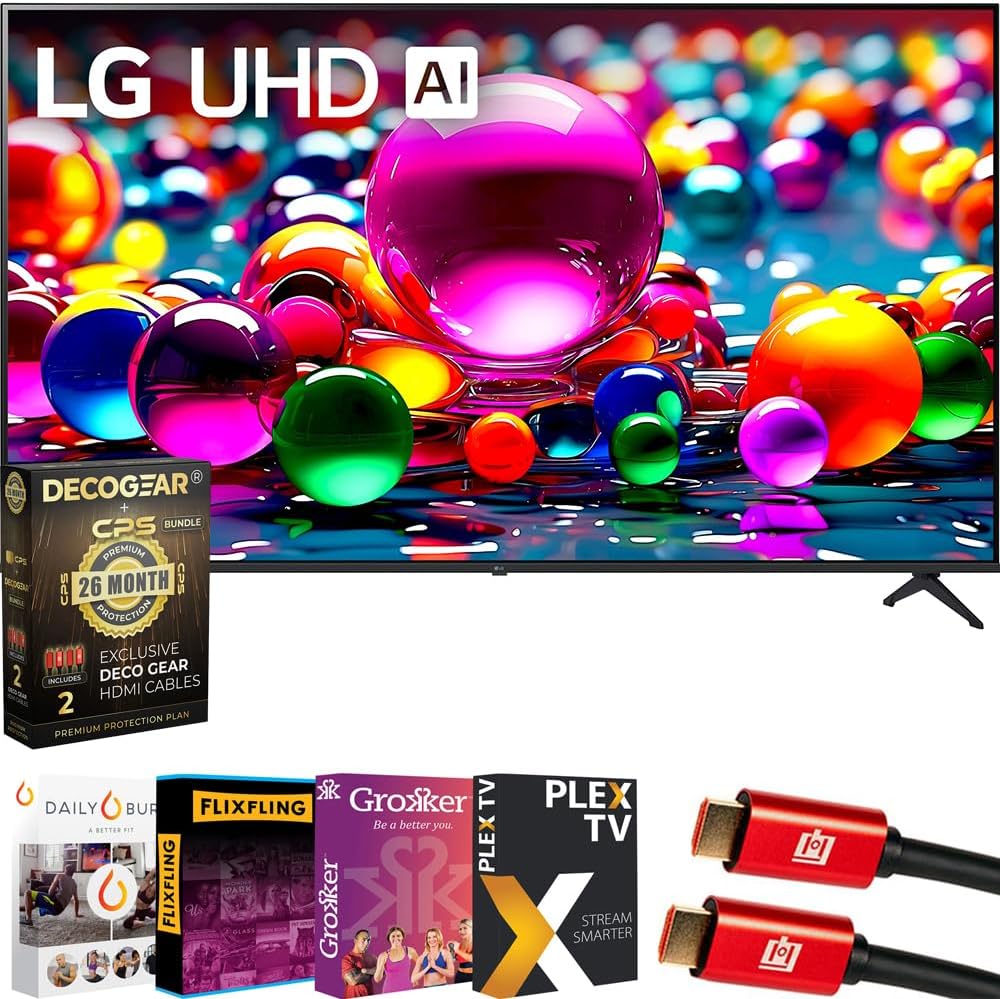 LG 65UA7700PUB 65 Inch UA77 LED AI 4K UHD Smart webOS TV (2025) Bundle with Premiere Movies Streaming, 6Ft HDMI Cable & Deco Gear CPS Exclusive 26 Month Protection Pack (BEACH-CPS-26M750)
