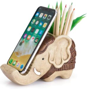 Read more about the article Pen Pencil Holder with Phone Stand, COOLBROS Resin elephant Shaped Pen Container Cell Phone Stand Carving Brush Scissor Holder Desk Organizer Decoration for Office Desk Home Decorative (Retro Brown)