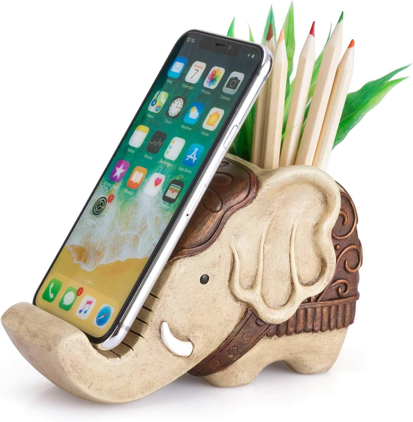 You are currently viewing Pen Pencil Holder with Phone Stand, COOLBROS Resin elephant Shaped Pen Container Cell Phone Stand Carving Brush Scissor Holder Desk Organizer Decoration for Office Desk Home Decorative (Retro Brown)