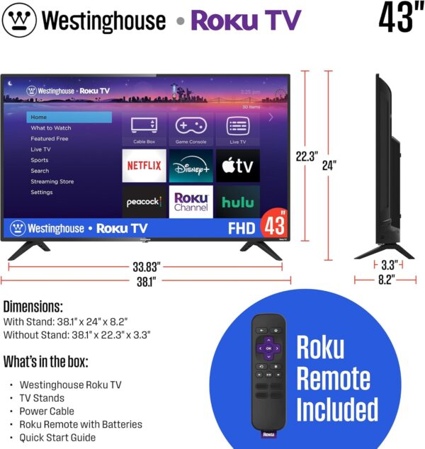 Westinghouse Roku TV - 43 Inch Smart TV, 1080P FHD Television with Wi-Fi Connectivity and Mobile App, LED Flat Screen Compatible with Apple HomeKit, Alexa and Google Assistant - Image 4