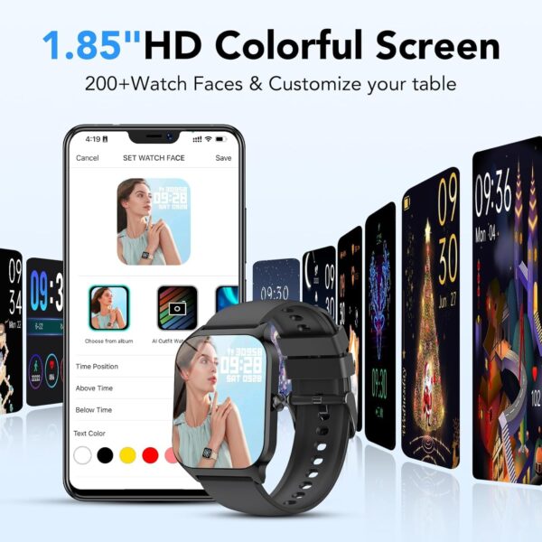 CASCHO Smart Watch for Men Women, 1.85" HD Fitness Tracker with Bluetooth Calls/Messages, IP68 Waterproof, 115+Sports Modes, 24/7 Heart Rate/Sleep Fitness Watch Compatible with iOS/Android (Black) - Image 3