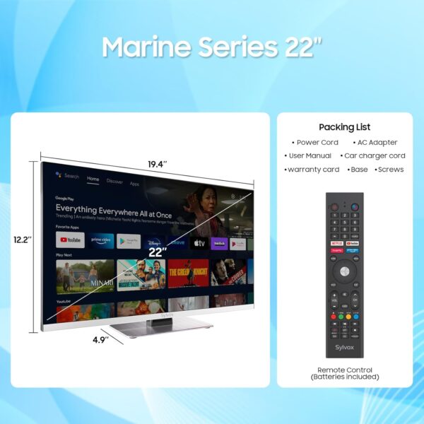SYLVOX 12 Volt TV, 22" Smart Television with DVD Player Built in, 1080P Google OS ATSC NTSC WiFi Bluetooth HDMI USB, AC/DC Powered, 12V TV for RV Camper Boat Coastal Home (Marine Series) - Image 8