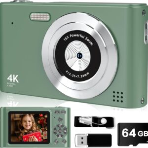Digital Camera, 44MP Full HD 1080P Point and Shoot Camera with 64GB Card, Anti Shake 16X Zoom Compact Volg Cameras, Portable Small Camara Gift for Kids, Ages Teen Girl Boy – Green