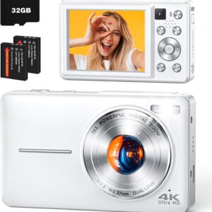 4K Digital Camera, 64MP Autofocus Vlogging Camera with Front Rear Lens, Flash, 16X Zoom, Anti-Shake, 32GB Card, Compact Point Shoot Camera for Teens Adult Beginner Travel Photography(White)