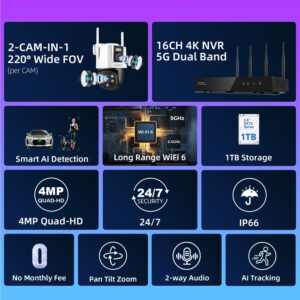 xmartO [Dual-Image Wide FOV] 16CH Security Camera System Wireless, 4-Set 2-in-1 Cameras, 4K Long Range WiFi 6 Surveillance NVR, Pan Tilt Zoom 4MP QHD Home CCTV Camera Set w. 1TB HDD, 0 Monthly Fee
