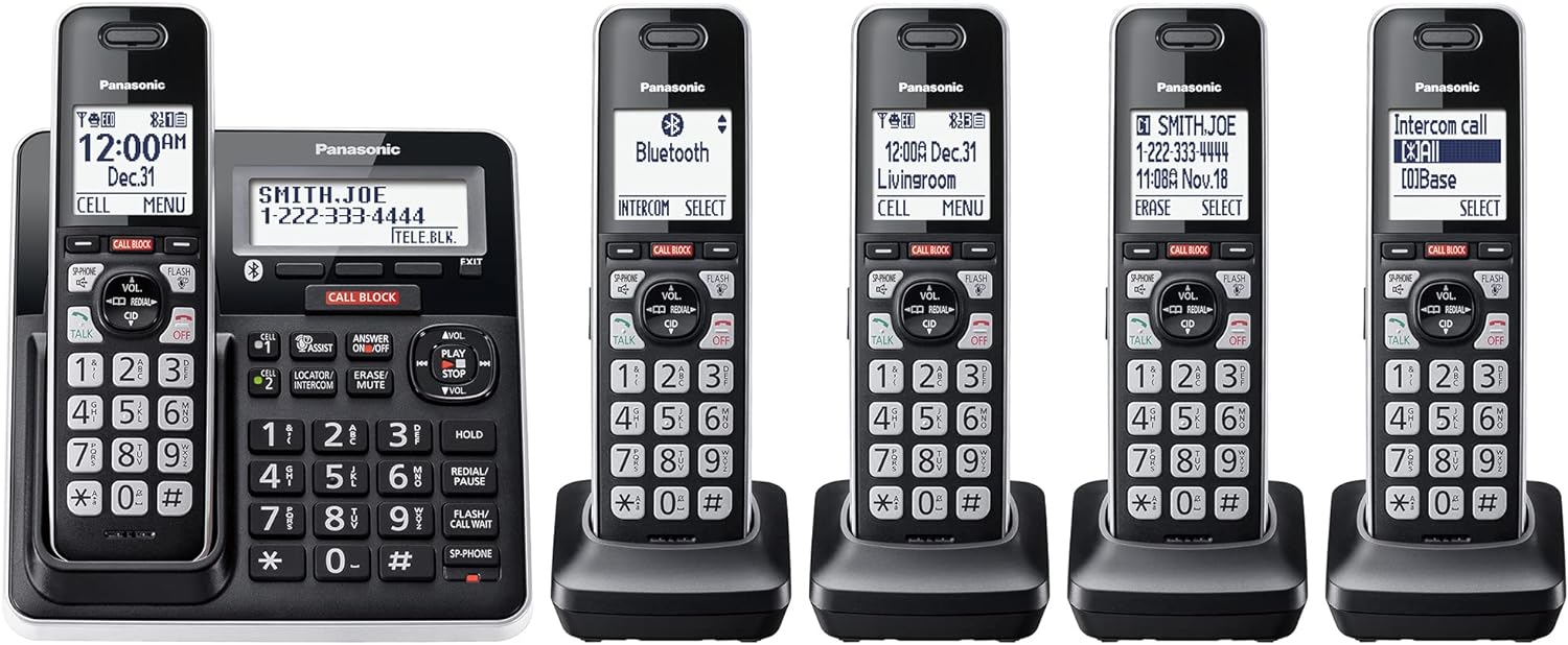 You are currently viewing Panasonic Cordless Phone with Advanced Call Block, Link2Cell Bluetooth, One-Ring Scam Alert, and 2-Way Recording with Answering Machine, 5 Handsets – KX-TGF975B (Black with Silver Trim)