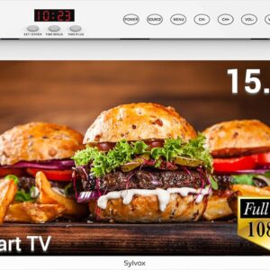 SYLVOX Kitchen TV,15.6 inch Under Cabinet TV, Televison for Kitchen, Smart TV Built-in APP Store, Support WiFi Bluetooth, 1080P Small TV for RV Camper, Bedroom, Boat