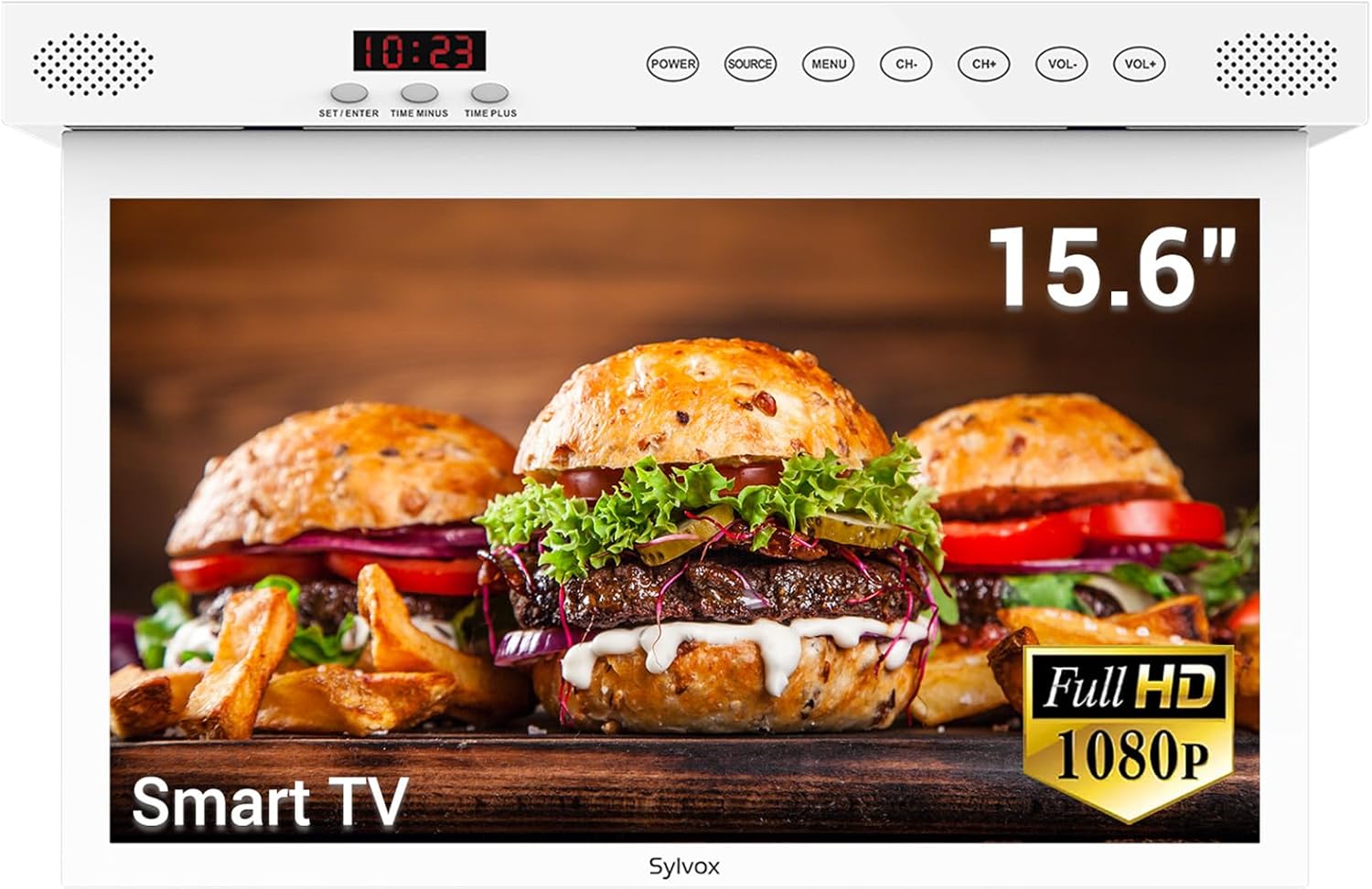 SYLVOX Kitchen TV,15.6 inch Under Cabinet TV, Televison for Kitchen, Smart TV Built-in APP Store, Support WiFi Bluetooth, 1080P Small TV for RV Camper, Bedroom, Boat