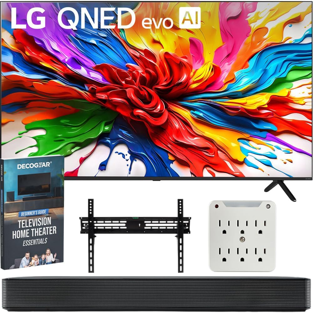 LG 65QNED92AUA 65 Inch QNED evo AI 4K Mini-LED Smart TV (2025) Bundle with SKM1 2.0-Ch. Soundbar, 37"-70" TV Wall Mount, 6-Outlet Surge Adapter & Deco Gear Complete Home Theater Beginner's Guidebook