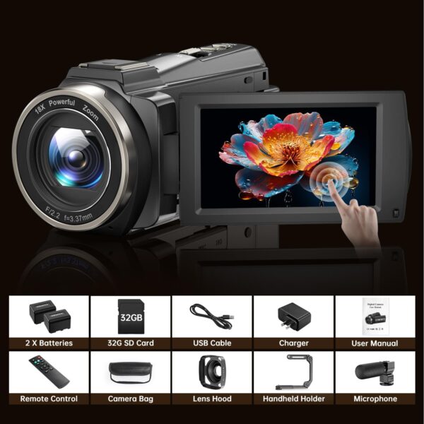 8K Video Camera Camcorder 88MP UHD WiFi Vlogging Cameras for YouTube 18X Digital Zoom IR Night Vision 3.0''Touch Screen Camera with 32GB Card, Microphone, Stabilizer, Lens Hood, Remote, Batteries - Image 8