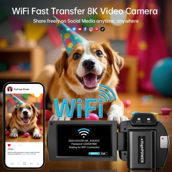 8K Video Camera Camcorder 88MP UHD WiFi Vlogging Cameras for YouTube 18X Digital Zoom IR Night Vision 3.0''Touch Screen Camera with 32GB Card, Microphone, Stabilizer, Lens Hood, Remote, Batteries - Image 4