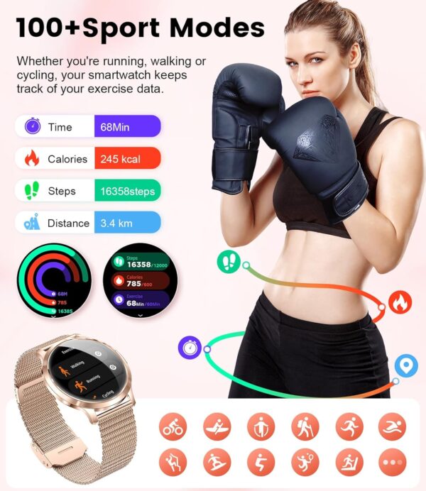 SUNKTA Smart Watch for Women(Dial/Answer Call), 1.32" AMOLED HD Display, 100+ Sports Mode Fitness Tracker Watch, 5ATM Waterproof/IP68/Sleep Smartwatch Women, iOS Android Smart Watches for Women - Image 8