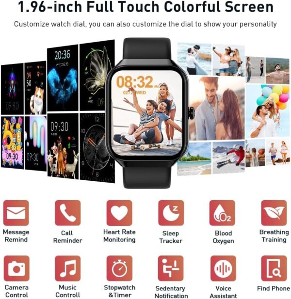 Smart Watch(Answer/Make Call), 1.96" HD Smartwatch for Men Women, 2025 Fitness Activity Tracker with Heart Rate/Sleep Monitor/Pedometer/110+ Sport Modes, IP68 Waterproof Fitness Watch for Android iOS - Image 2