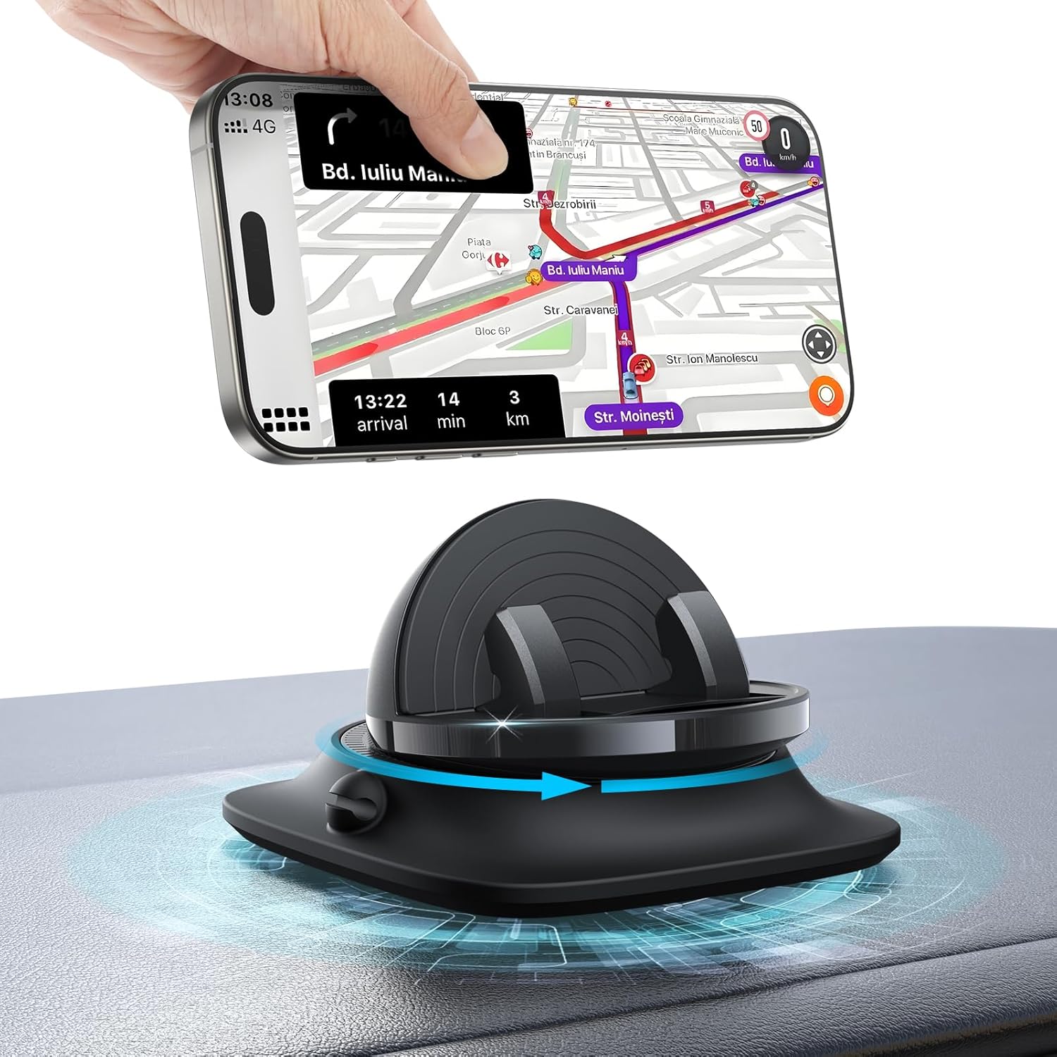 You are currently viewing OMOTON 360°Rotating Car Phone Holder Mount, Adjustable Spring Dashboard Cell Phone Holder, Front Rear Adjustable Phone Holders for Your Car for iPhone 16 Pro Max, All Smartphones- Black