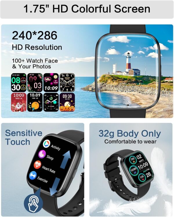 Smart Watches for Men/Women, 1.75" Bluetooth Call, AI Voice Smartwatch, 24/7 Heart Rate Monitor, Blood Pressure/SpO2/Sleep Tracker, IP68 Waterproof, 100+ Sports Fitness Tracker for Android iOS Black - Image 6