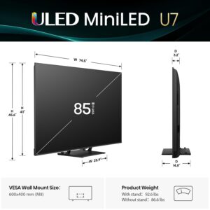 Hisense 85″ Class U7 Mini-LED ULED 4K UHD Google Smart TV (85U75QG, 2025 Model) – QLED, Native 165Hz, VRR 288, Up to 3000 Nits, HDR10+, Dolby Vision IQ · Atmos, IMAX Enhanced, 2.1.2 Ch Surround