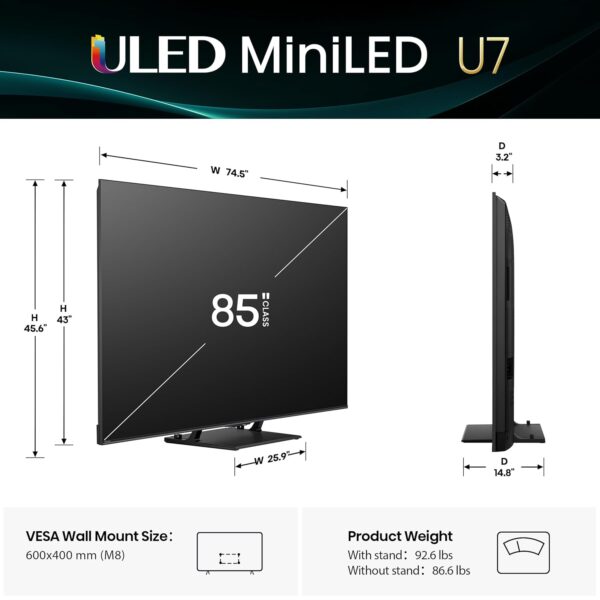 Hisense 85" Class U7 Mini-LED ULED 4K UHD Google Smart TV (85U75QG, 2025 Model) - QLED, Native 165Hz, VRR 288, Up to 3000 Nits, HDR10+, Dolby Vision IQ · Atmos, IMAX Enhanced, 2.1.2 Ch Surround - Image 2
