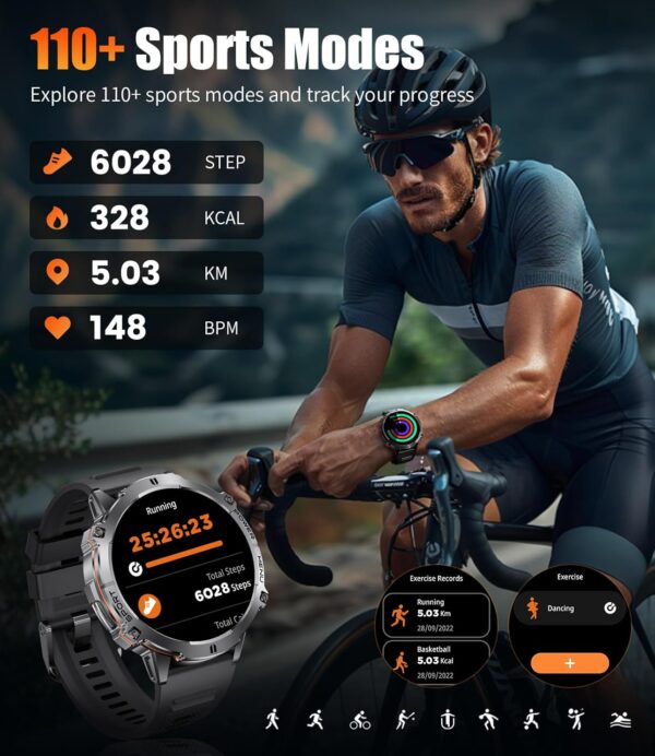 LIGE Smart Watches for Men with 900mAh Battery(60+Standby),1.73" AMOLED with Bluetooth Call,110+ Sports Mode Tactical Fitness Tracker/Heart Rate Sleep Health Monitor/Android iOS Military Smart Watch - Image 5