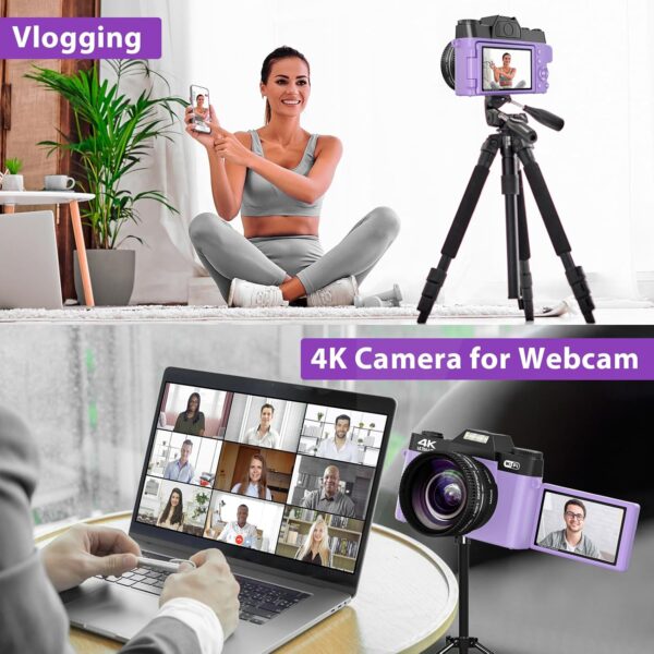 4K Digital Camera for Photography & Vlogging, 56MP YouTube Camera with WiFi, 3" 180° Flip Screen, 16X Digital Zoom, 52mm Wide Angle & Macro Lens, 32GB TF Card, 2 Batteries – Purple - Image 5