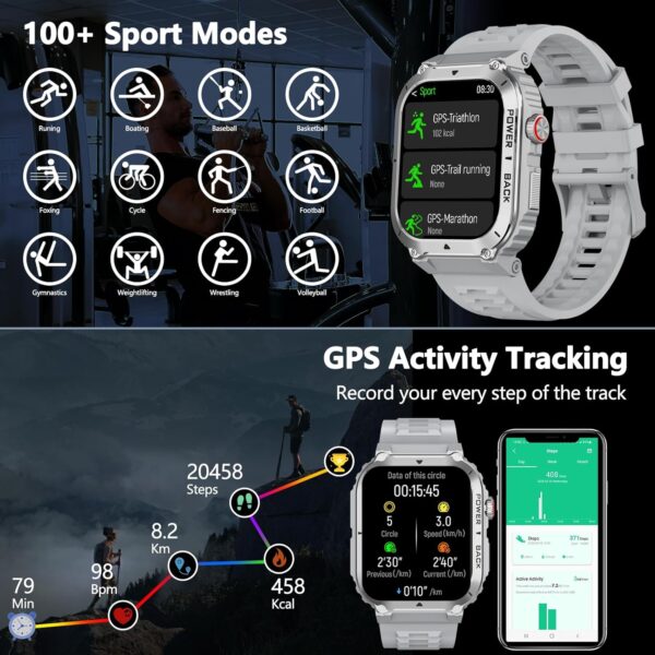 Military Smart Watch with GPS and Map(Answer/Make Call), Smartwatches with Health Monitor, Compass/Altitude/Air Pressure,100+ Sport Modes, Fitness Tracker for Android/iPhone (with GPS+Map, Gray) - Image 3