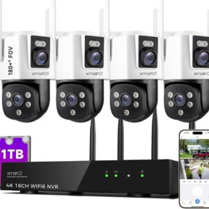 xmartO [Dual-Image Wide FOV] 16CH Security Camera System Wireless, 4-Set 2-in-1 Cameras, 4K Long Range WiFi 6 Surveillance NVR, Pan Tilt Zoom 4MP QHD Home CCTV Camera Set w. 1TB HDD, 0 Monthly Fee