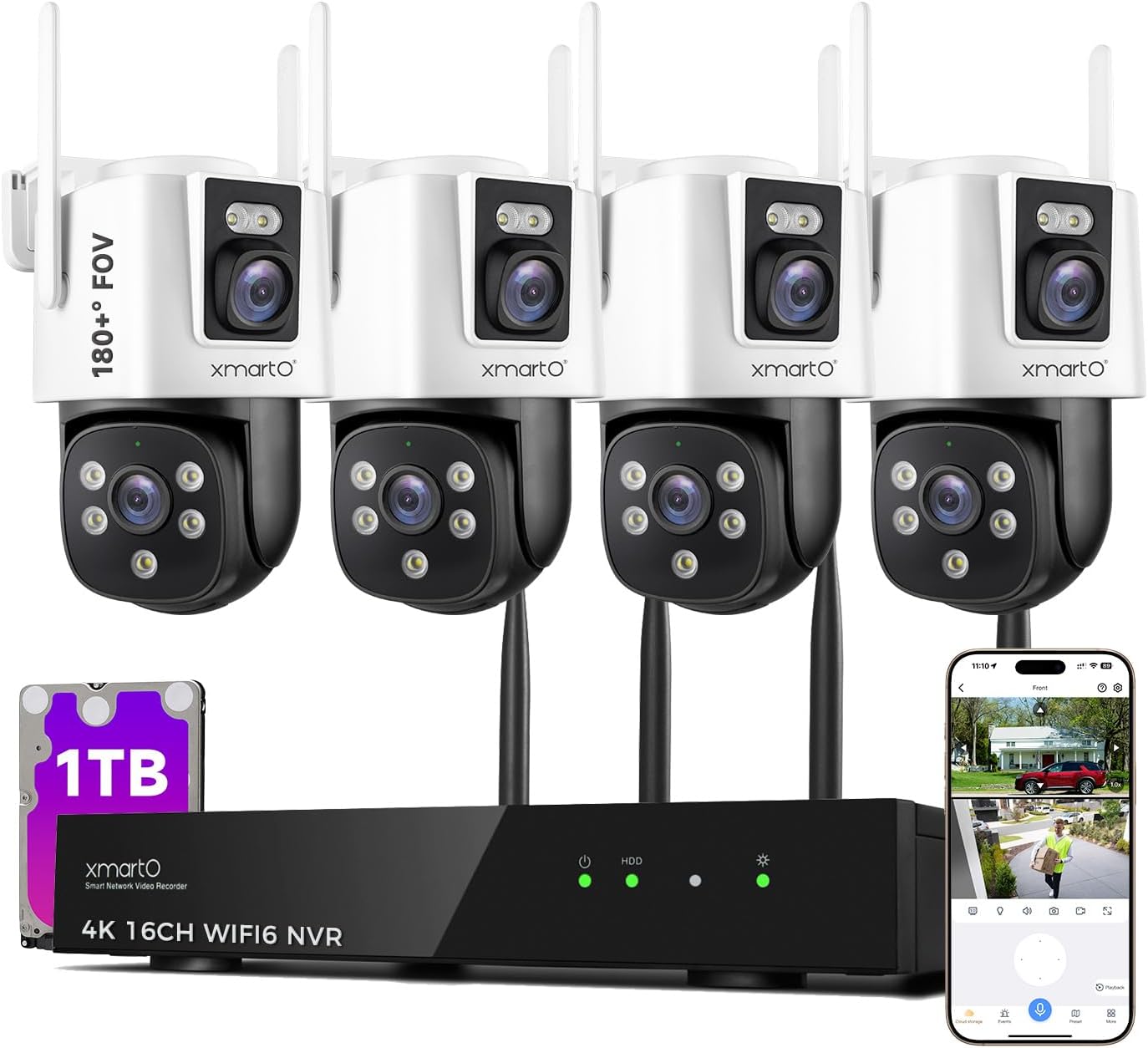 xmartO [Dual-Image Wide FOV] 16CH Security Camera System Wireless, 4-Set 2-in-1 Cameras, 4K Long Range WiFi 6 Surveillance NVR, Pan Tilt Zoom 4MP QHD Home CCTV Camera Set w. 1TB HDD, 0 Monthly Fee