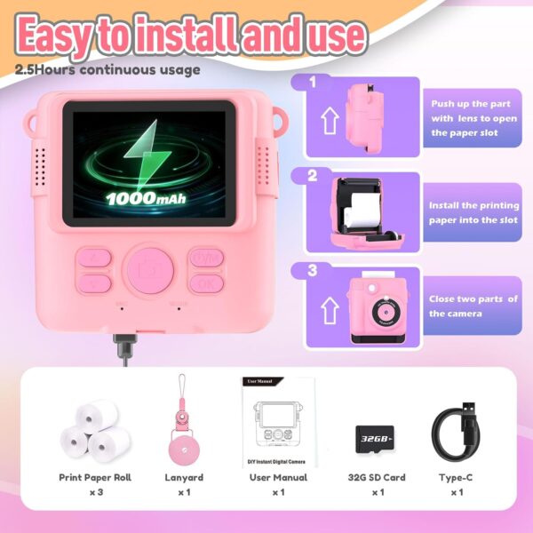 Instant Print Camera for Kids, Christmas Birthday Gifts Girls Boys Age 3-12, HD Digital Video Cameras Toddler, Portable Toy 3 4 5 6 7 8 9 10 Year Old Girl with 32GB SD Card-Pink - Image 6