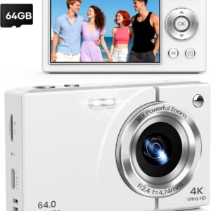 Digital Camera, 4K Vlogging Camera with Autofocus, 64MP, 16X Zoom, 64GB Card Included, Built-in Battery, Compact Digital Camera for Teens Adult Beginners, Ideal for Travel & YouTube – White